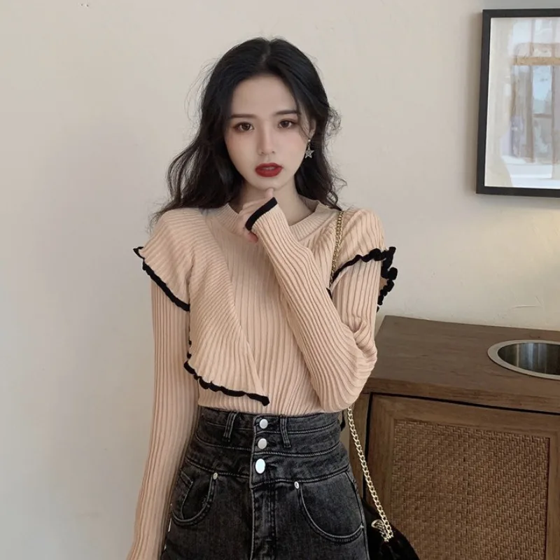 Contrast Color Ruffle Front Thick Sweater Women Autumn Winter Knitted Pullover Top Korean Style Ladies Green Beige Black Sweater
Contrast Color Ruffle Front Thick Sweater Women Autumn Winter Knitted Pullover Top Korean Style Ladies Green Beige Black Sweater