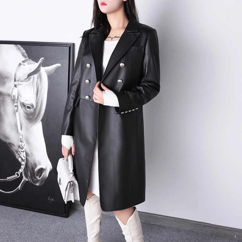 Factory New Arrival Women Fashion Long Genuine Leather Double breasted Slim Windbreaker Jacket
Factory New Arrival Women Fashion Long Genuine Leather Double breasted Slim Windbreaker Jacket