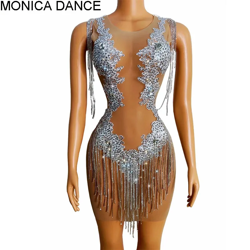 Women Sexy Sparkly Silver Rhinestones Chain Dress Transparent Birthday Prom Celebrate Birthday Dress Bar Evening Singer Dress
Women Sexy Sparkly Silver Rhinestones Chain Dress Transparent Birthday Prom Celebrate Birthday Dress Bar Evening Singer Dress