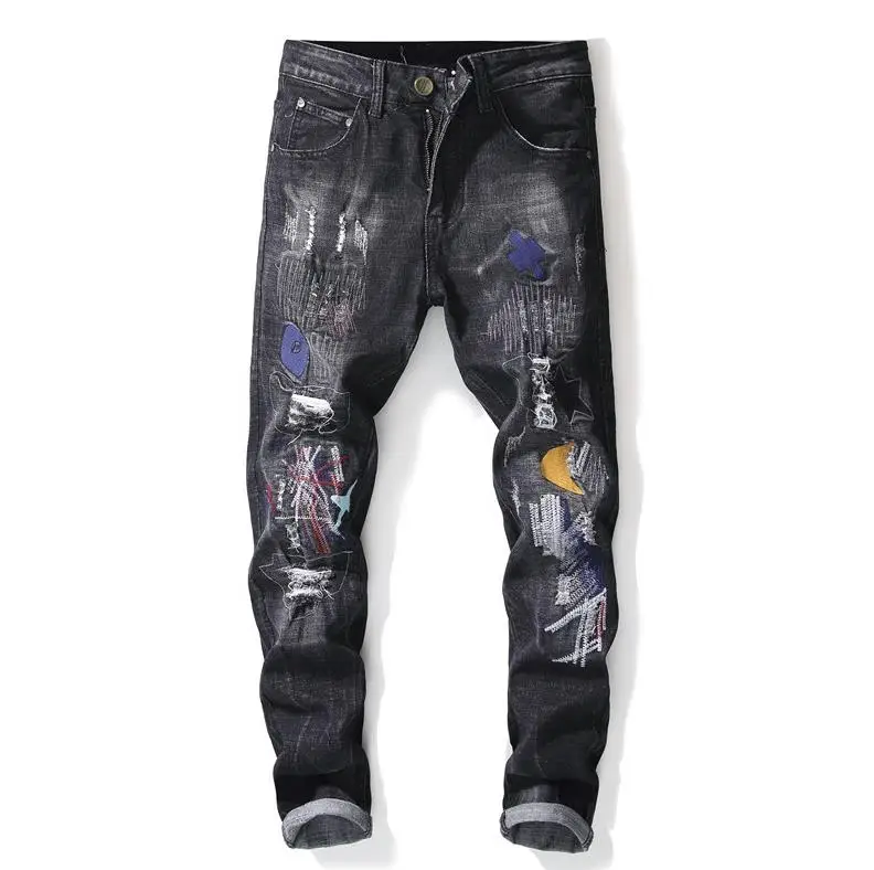 Black Original Design Embroidery Holes Men's Male Slim Fit Straight Denim Ripped Jeans #2205
Black Original Design Embroidery Holes Men's Male Slim Fit Straight Denim Ripped Jeans #2205