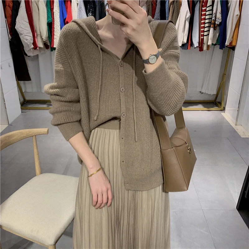 Autumn/Winter Cardigan 2023 Korean Hooded Casual Single-breasted Sweater Jacket Women's Loose Long Sleeve Pure Color Knitted Top
Autumn/Winter Cardigan 2023 Korean Hooded Casual Single-breasted Sweater Jacket Women's Loose Long Sleeve Pure Color Knitted Top