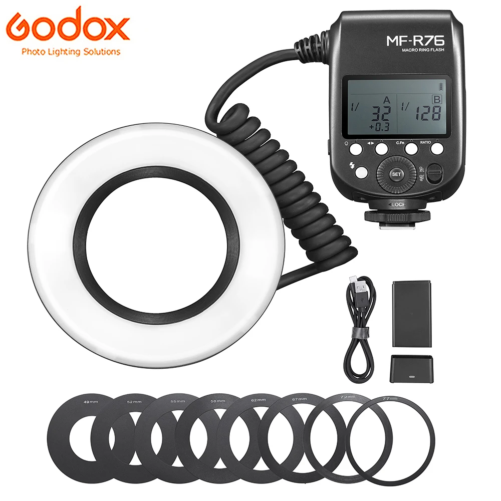 Кольцевая вспышка Godox MF-R76 + аккумулятор 2600 мАч, 8 переходных колец для объектива для фотосъемки крупным планом камеры Canon Nikon Sony DSLR
Кольцевая вспышка Godox MF-R76 + аккумулятор 2600 мАч, 8 переходных колец для объектива для фотосъемки крупным планом камеры Canon Nikon Sony DSLR