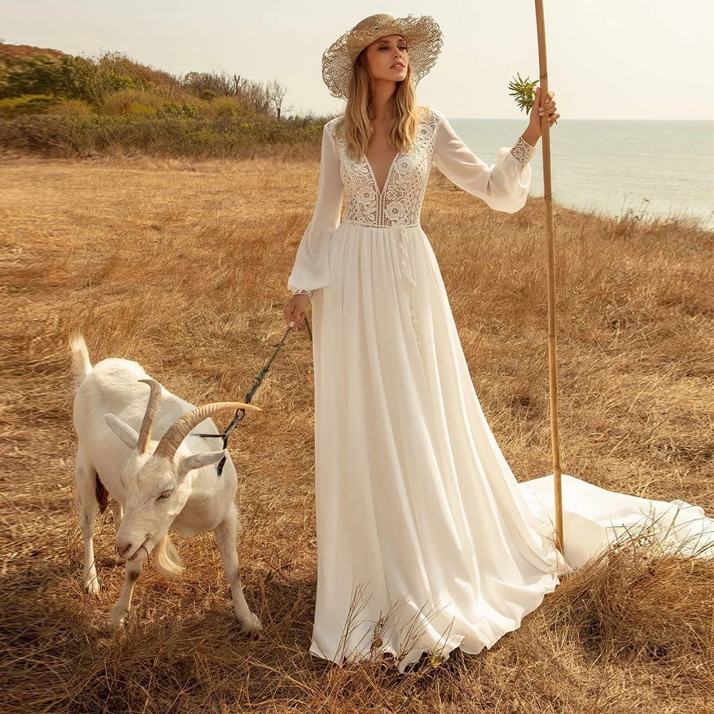 Elegant Chiffon Long Sleeve Wedding Dresses 2021 Boho V-neck Lace Applique Sweep Train A line Bridal Gowns Vestido de Novia
Elegant Chiffon Long Sleeve Wedding Dresses 2021 Boho V-neck Lace Applique Sweep Train A line Bridal Gowns Vestido de Novia