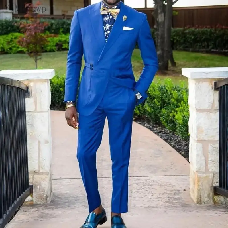 Fashion Blue Men Coat Pants Peak Lapel Belt Prom Suits Slim Fit Blazer Jacket Men Tuxedos Groom Wedding Suits 2 Pieces Costume
Fashion Blue Men Coat Pants Peak Lapel Belt Prom Suits Slim Fit Blazer Jacket Men Tuxedos Groom Wedding Suits 2 Pieces Costume