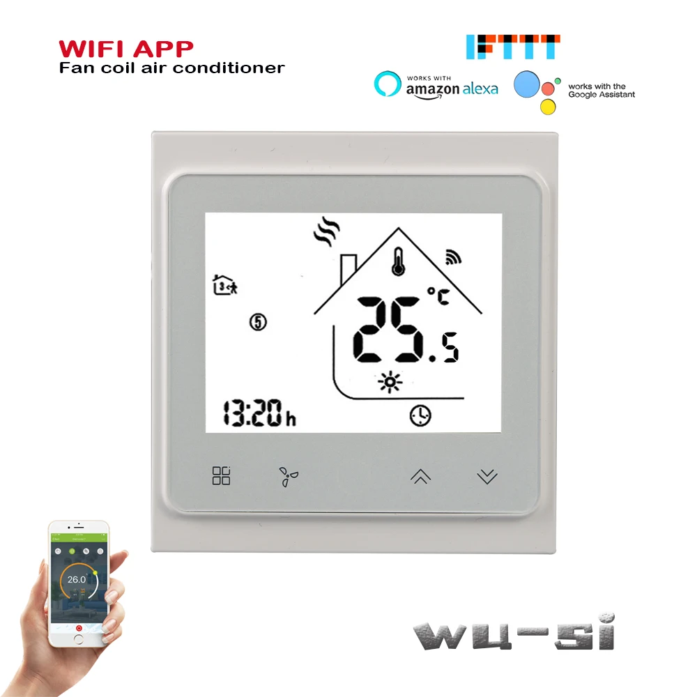 TUYA wifi thermostat-2P вентилятор катушки термостат охлаждения или нагрева, работает с Google Assistant,95-240VAC 24vAC опционально
TUYA wifi thermostat-2P вентилятор катушки термостат охлаждения или нагрева, работает с Google Assistant,95-240VAC 24vAC опционально