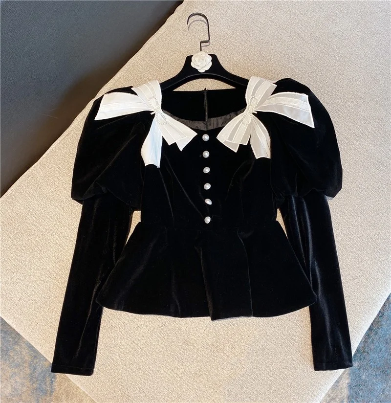 Bowknot Vintage Pearls Velvet Dress Ladies Party Elegant Black Dresses Women Fashion High Waist Puff Sleeve Sweet A Line Dress
Bowknot Vintage Pearls Velvet Dress Ladies Party Elegant Black Dresses Women Fashion High Waist Puff Sleeve Sweet A Line Dress