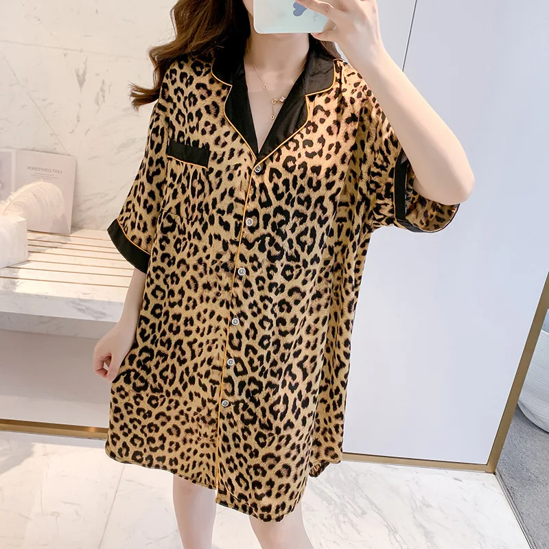 Spring Sexy Leopard Printed Homewear Women Night Shirts Nightdress Sleeping Sleepshirts Satin Sleepwear Nightgowns
Spring Sexy Leopard Printed Homewear Women Night Shirts Nightdress Sleeping Sleepshirts Satin Sleepwear Nightgowns