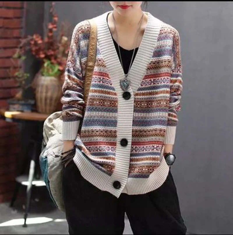 Autumn Knitted Female Cardigan Loose Streetwear Korean Casual Sweater Coat Cute Stripe Print V Neck cardigan Women Overcoat
Autumn Knitted Female Cardigan Loose Streetwear Korean Casual Sweater Coat Cute Stripe Print V Neck cardigan Women Overcoat