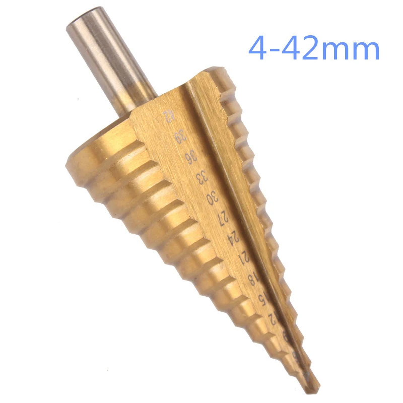 4-42 mm Titanium Coated Step Drill Bit Drilling Power Tools for Metal High Speed Steel Wood Hole Cutter Step Cone Drill
4-42 mm Titanium Coated Step Drill Bit Drilling Power Tools for Metal High Speed Steel Wood Hole Cutter Step Cone Drill