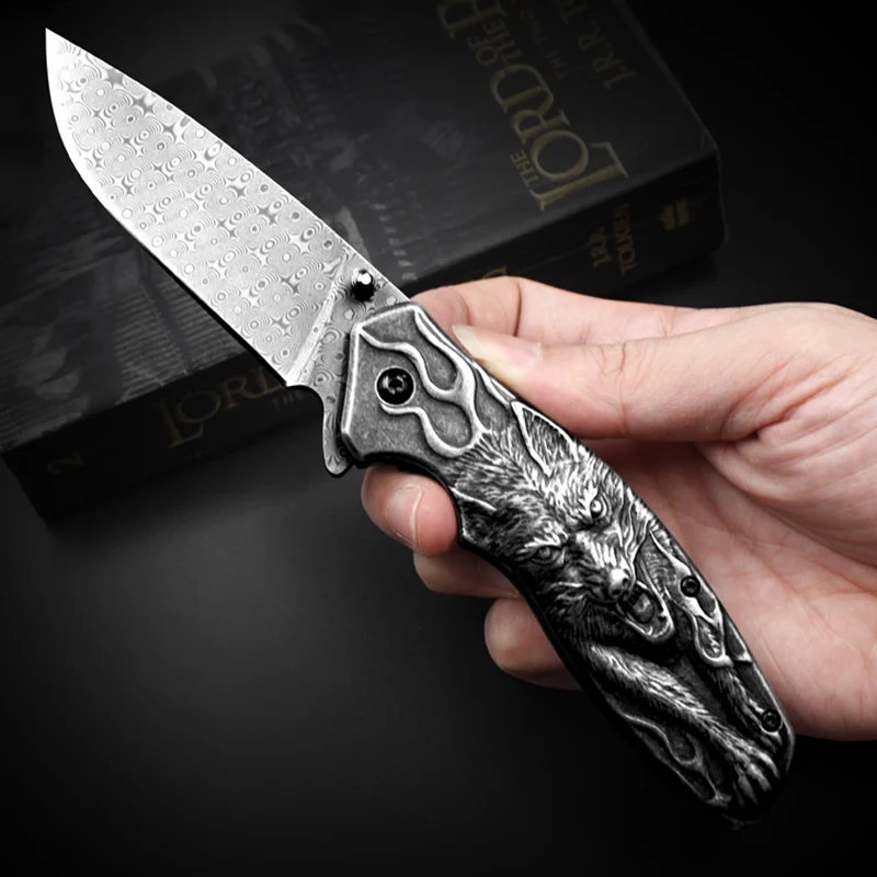 Folding knife Free shipping Sharp Damascus steel Wolf Totem handle outdoor camping self defense survival EDC tool
Folding knife Free shipping Sharp Damascus steel Wolf Totem handle outdoor camping self defense survival EDC tool