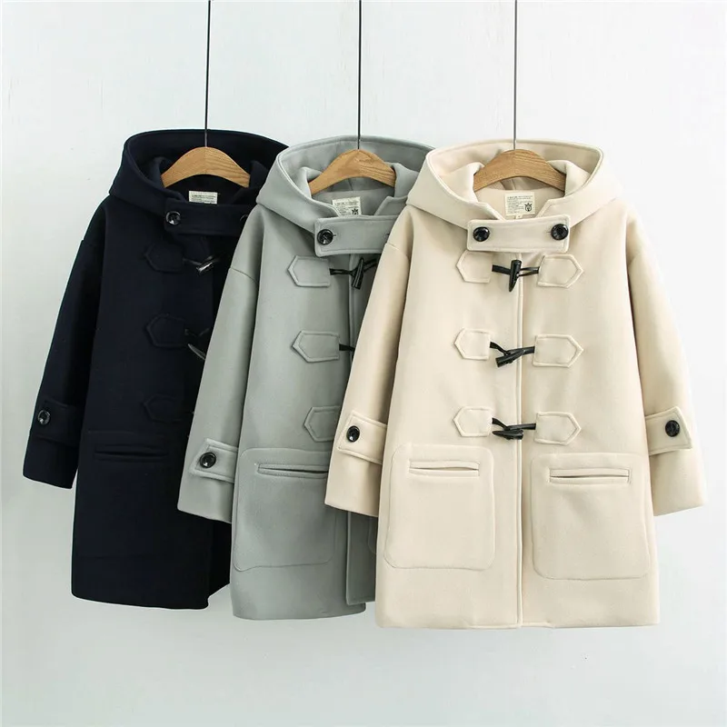 Women Mid-Length Hooded Woolen Coat Horn Button Loose Solid Color Cotton Sweet Fresh Girl Preppy Style Student Outwear Female
Women Mid-Length Hooded Woolen Coat Horn Button Loose Solid Color Cotton Sweet Fresh Girl Preppy Style Student Outwear Female