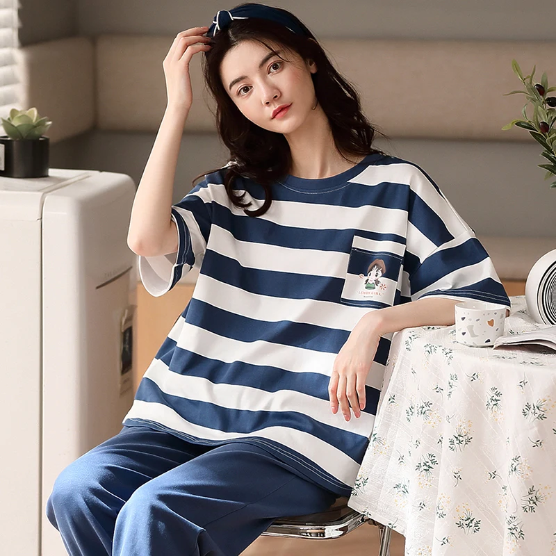 Women's Pajamas Pure Cotton Pajamas With Trousers Spring Autumn Summer Stripe Sleepwear Sweet Large Nightie Female Home Clothes
Women's Pajamas Pure Cotton Pajamas With Trousers Spring Autumn Summer Stripe Sleepwear Sweet Large Nightie Female Home Clothes