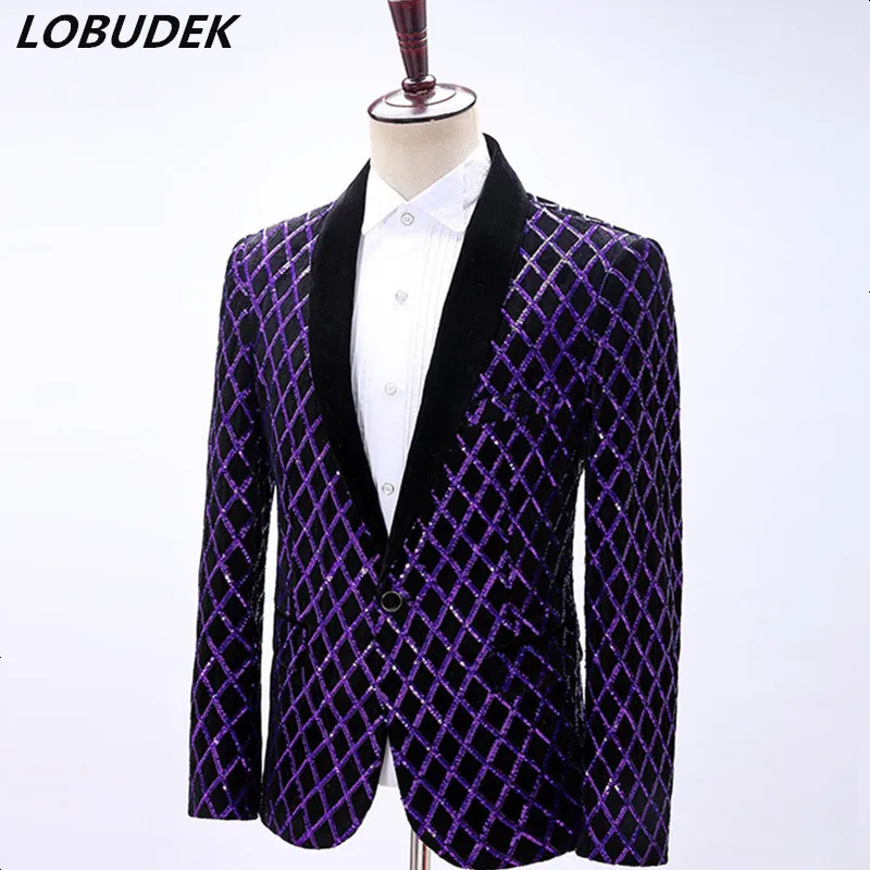 Men's Fashion Stage Blazer Purple Sequins Plaid Velvet Slim Suit Jacket Evening Party Prom Singer Host Performance Coat Costume
Men's Fashion Stage Blazer Purple Sequins Plaid Velvet Slim Suit Jacket Evening Party Prom Singer Host Performance Coat Costume