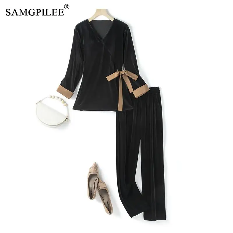 Women's Tracksuit Autumn Winter 2023 New Fashion Retro V-neck Gold Velvet Top Wide-leg Pants Female Set Woman 2 Pieces
Women's Tracksuit Autumn Winter 2023 New Fashion Retro V-neck Gold Velvet Top Wide-leg Pants Female Set Woman 2 Pieces