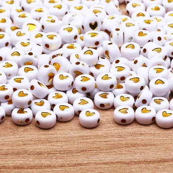 골드 컬러 하트 아크릴 라운드 비즈 4x7mm 화이트 글자 스페이서 비즈 쥬얼리 만들기 Diy 매력 목걸이 팔찌 액세서리