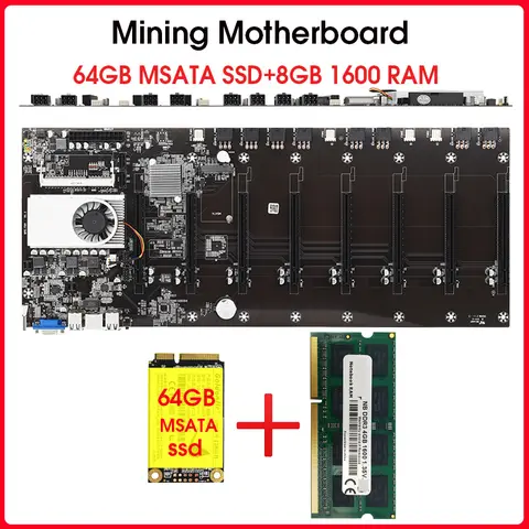 Placa base de minería BTC T37, 8 GPU, Bitcoin, Crypto, Etherum, conjunto de minería con 8GB DDR3, 1600MHz RAM y 64GB mSATA SSD, KIT combinado