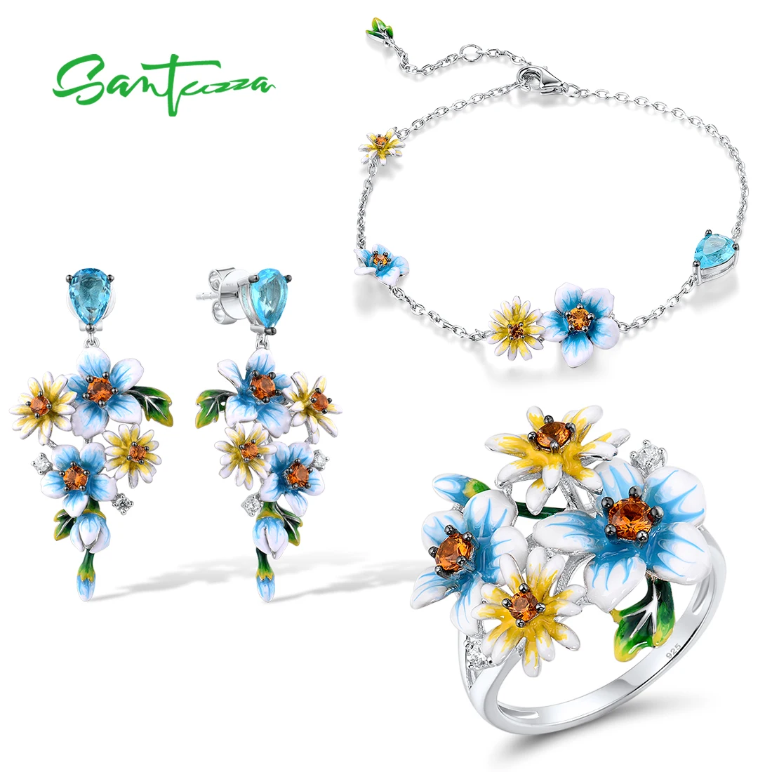 SANTUZZA 925 Sterling Silver Jewelry Set for Women Elegant Enamel Yellow Blue Flowers Earrings Ring Bracelet Set Fine Jewelry
SANTUZZA 925 Sterling Silver Jewelry Set for Women Elegant Enamel Yellow Blue Flowers Earrings Ring Bracelet Set Fine Jewelry