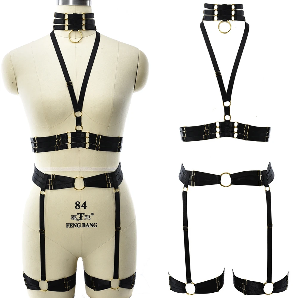 Neck Gold Ring Cage Bra Sexy Lingerie Harness Set Stockings Leg Garter Women Black Punk Pole Dance Goth Bandage Body Harness
Neck Gold Ring Cage Bra Sexy Lingerie Harness Set Stockings Leg Garter Women Black Punk Pole Dance Goth Bandage Body Harness