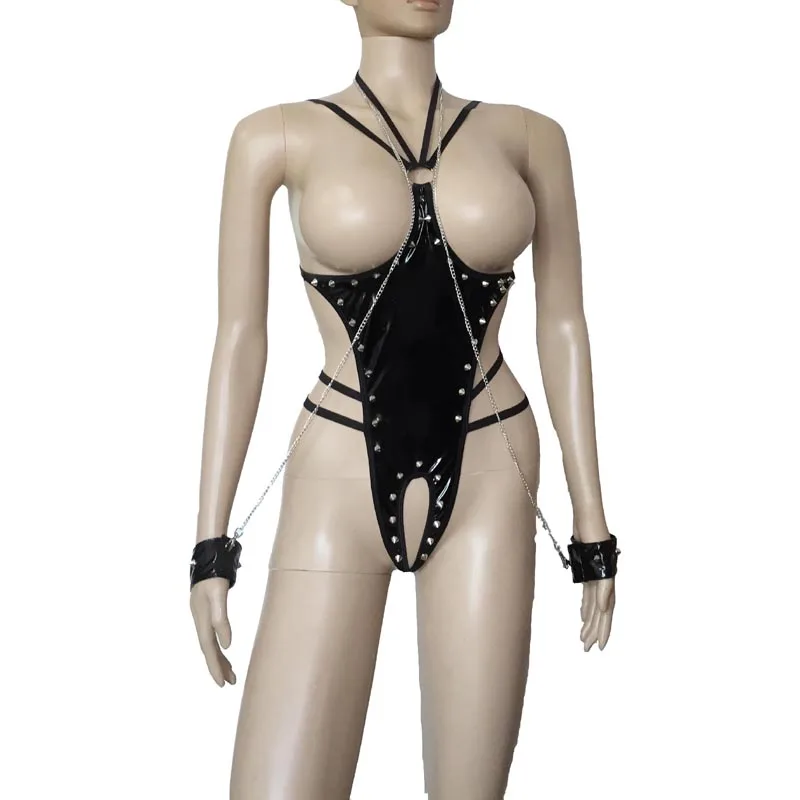 Women Sexy PU Leather Cupless Bodysuit Open Crotch Erotic Leotard Teddy Studded Body Harness with Chained Wrist Cuffs
Women Sexy PU Leather Cupless Bodysuit Open Crotch Erotic Leotard Teddy Studded Body Harness with Chained Wrist Cuffs