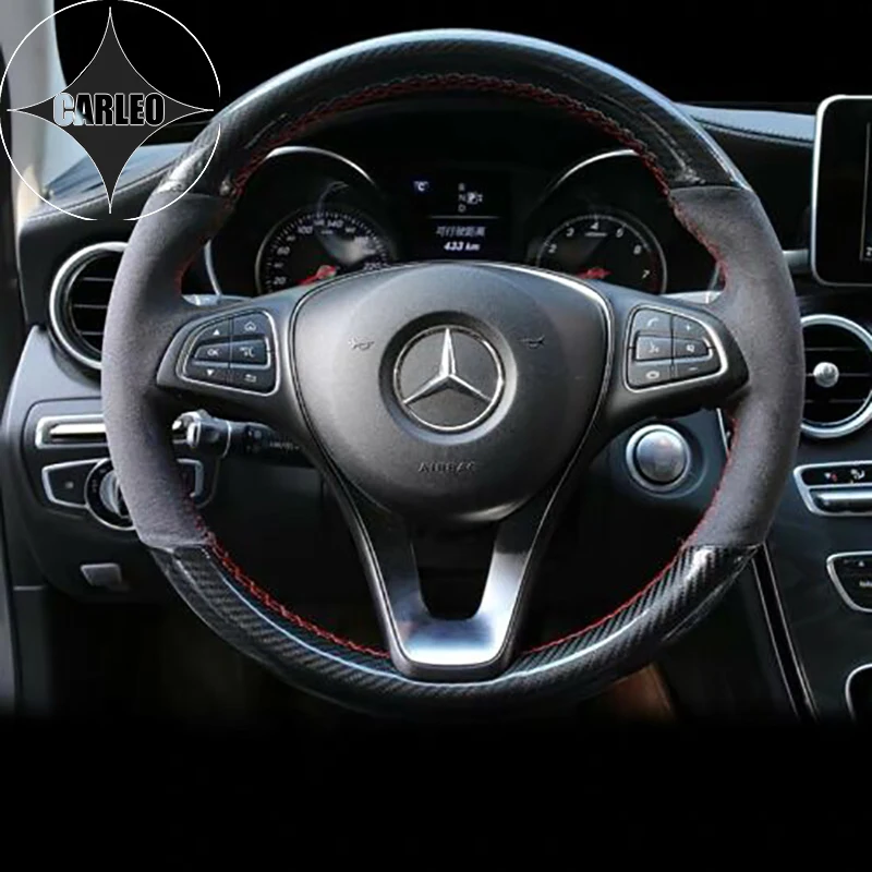 DIY Car Steering Wheel Cover for Mercedes Benz C180 Black Carbon Fiber&Genuine Suede Leather Custom Hand Stitching Holder
DIY Car Steering Wheel Cover for Mercedes Benz C180 Black Carbon Fiber&Genuine Suede Leather Custom Hand Stitching Holder