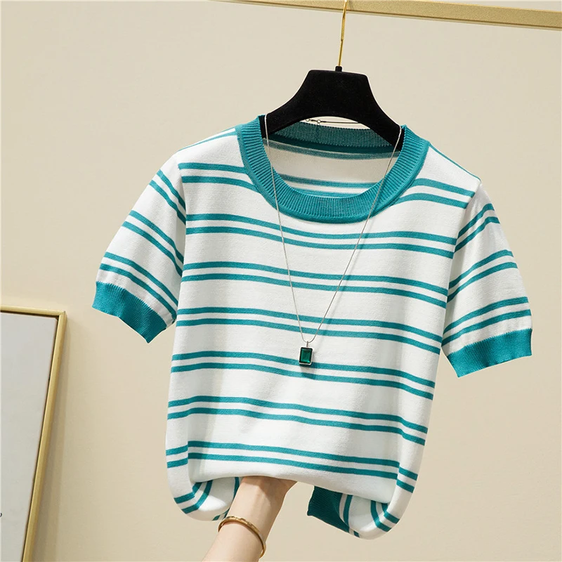 Thin Striped Knitted T Shirt Women 2022 Summer Casual O-Neck Tee Shirt Femme Short Sleeve Tops Korean T-Shirt Camisetas De Mujer 
Thin Striped Knitted T Shirt Women 2022 Summer Casual O-Neck Tee Shirt Femme Short Sleeve Tops Korean T-Shirt Camisetas De Mujer