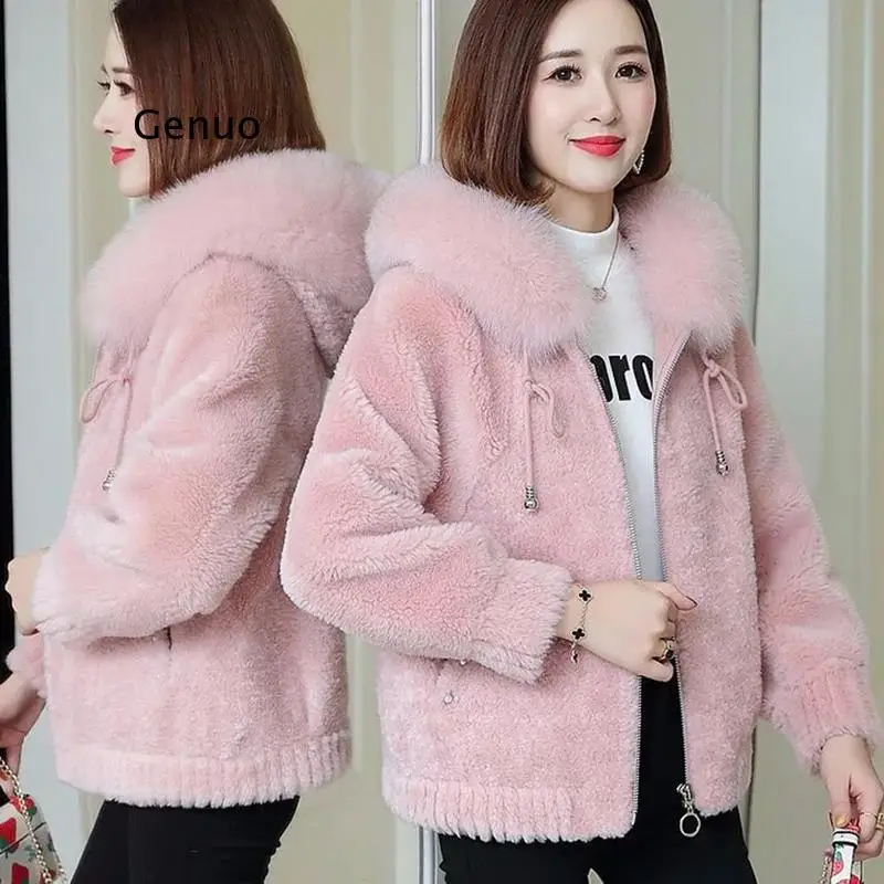 Faux Fur Sheep Shearing Jacket Fur Collar Hooded Zipper Short Coat Women Autumn Winter Thick Warm Lambswool Outerwear Female
Faux Fur Sheep Shearing Jacket Fur Collar Hooded Zipper Short Coat Women Autumn Winter Thick Warm Lambswool Outerwear Female