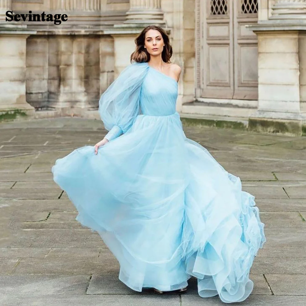 Sevintage Elegant Blue Prom Dresses One Shoulder Long Sleeves A-Line Evening Gowns Women Party Dress Fashion Outfits
Sevintage Elegant Blue Prom Dresses One Shoulder Long Sleeves A-Line Evening Gowns Women Party Dress Fashion Outfits