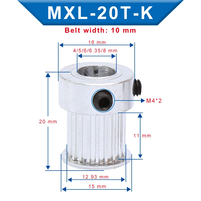 2 pcs Pulley MXL-20T Bore Size 4/5/6/6.35/8 mm Belt Pulley Slot Width 11mm Match with Width 10mm MXL-Timing Belt For 3D Printer
2 pcs Pulley MXL-20T Bore Size 4/5/6/6.35/8 mm Belt Pulley Slot Width 11mm Match with Width 10mm MXL-Timing Belt For 3D Printer