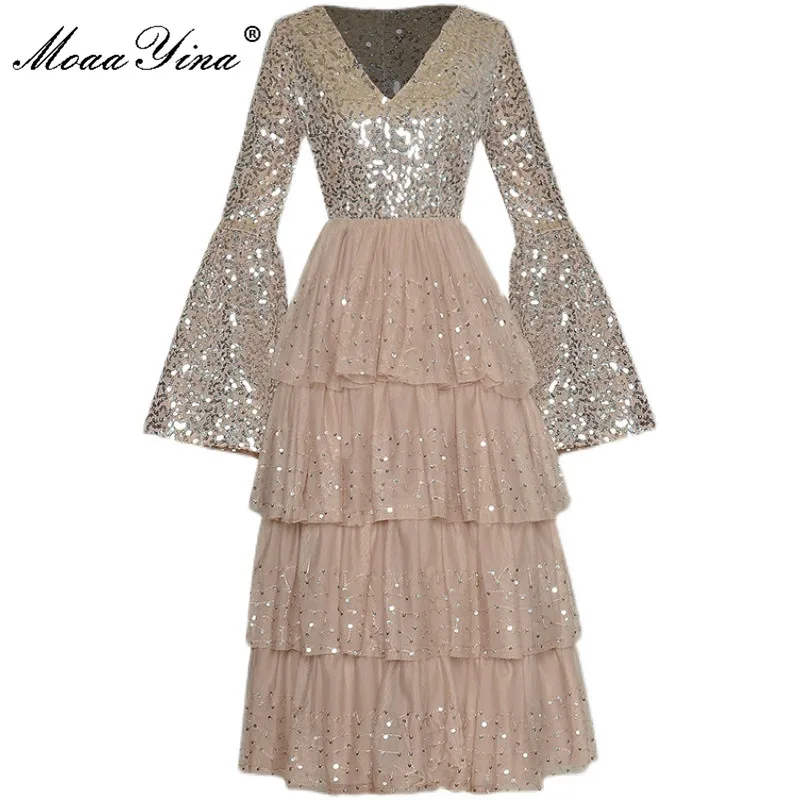 MoaaYina Fashion Designer dress Spring Women Dress Luxury Sequins V-neck Flare Sleeve Gorgeous Mesh Party Cake Dress
MoaaYina Fashion Designer dress Spring Women Dress Luxury Sequins V-neck Flare Sleeve Gorgeous Mesh Party Cake Dress