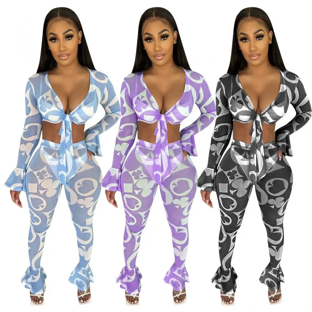 2021 Trendy Style European and American Women's Hot Selling Fashion Sexy Mesh Printed T Shirt Ruffled Trousers Two Piece Suit
2021 Trendy Style European and American Women's Hot Selling Fashion Sexy Mesh Printed T Shirt Ruffled Trousers Two Piece Suit
