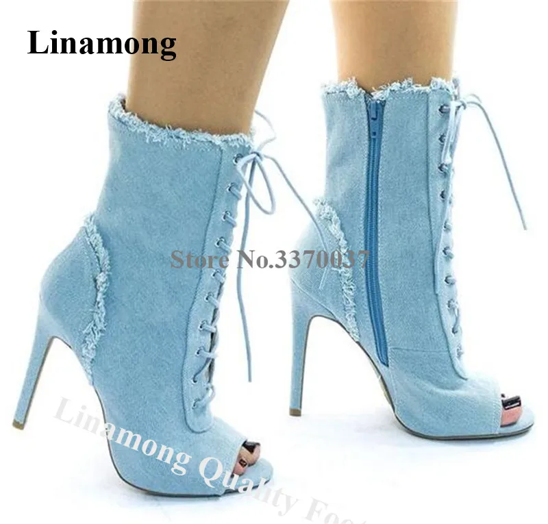 Linamong Fashion Peep Toe Stiletto Heel Short Denim Boots Lace-up Light Dark Blue High Heel Ankle Booties Motorcycle Boots
Linamong Fashion Peep Toe Stiletto Heel Short Denim Boots Lace-up Light Dark Blue High Heel Ankle Booties Motorcycle Boots