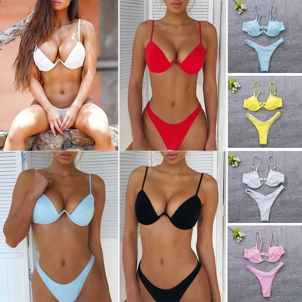 Summer Women Sexy Solid Color Underwear Set Gathered Padded Bra Bandage Bikini Set Swimsuit G-string Swimwear
Summer Women Sexy Solid Color Underwear Set Gathered Padded Bra Bandage Bikini Set Swimsuit G-string Swimwear