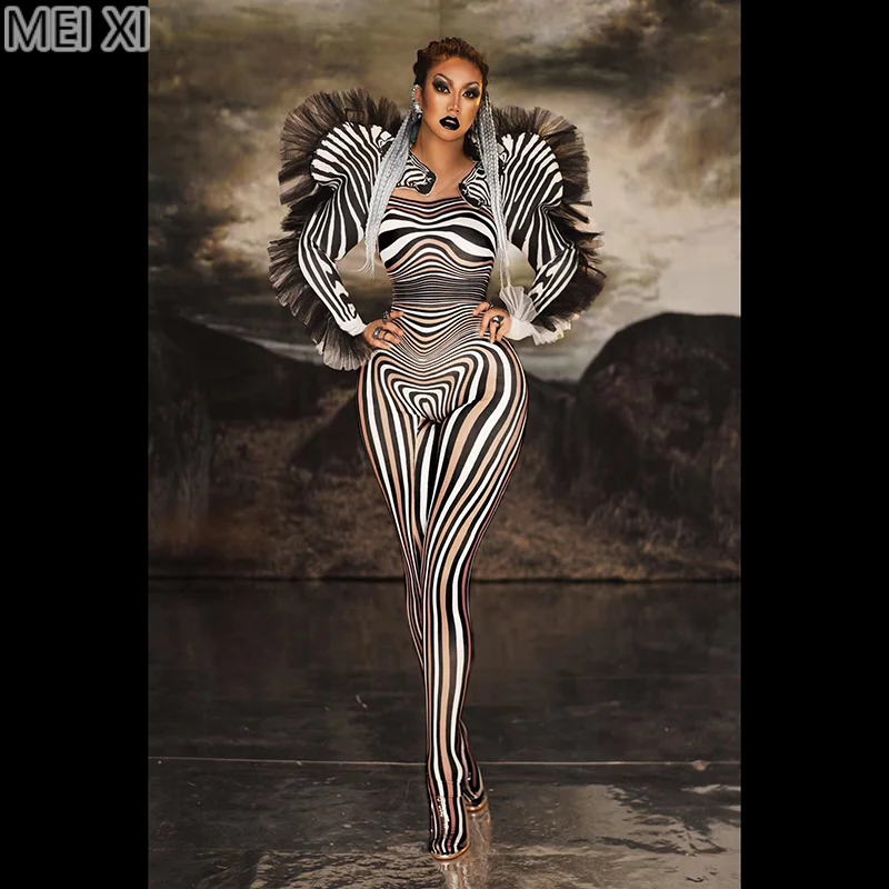 Unique zebra print design lace sleeve edge onesie nightclub bar concert DJ singer/dancer costume
Unique zebra print design lace sleeve edge onesie nightclub bar concert DJ singer/dancer costume