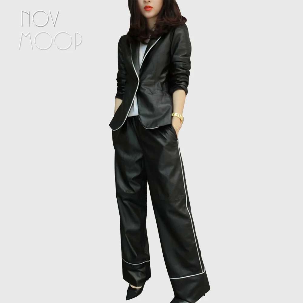 Novmoop fashion women sheepskin genuine leather blazer wide leg pants two piece suit set conjunto feminino roupa feminina LT2898
Novmoop fashion women sheepskin genuine leather blazer wide leg pants two piece suit set conjunto feminino roupa feminina LT2898