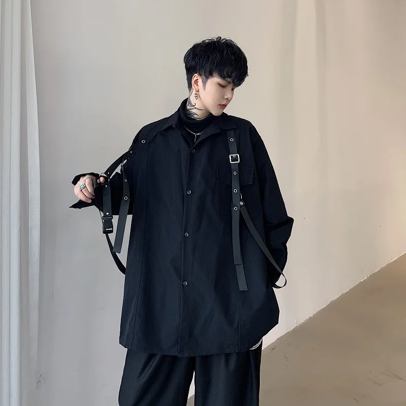 2021 Long Sleeve Leather Strap Loose Casual Black Cargo Shirt Male Women Streetwear Hip Hop Punk Gothic Stage Party Dress Shirt
2021 Long Sleeve Leather Strap Loose Casual Black Cargo Shirt Male Women Streetwear Hip Hop Punk Gothic Stage Party Dress Shirt