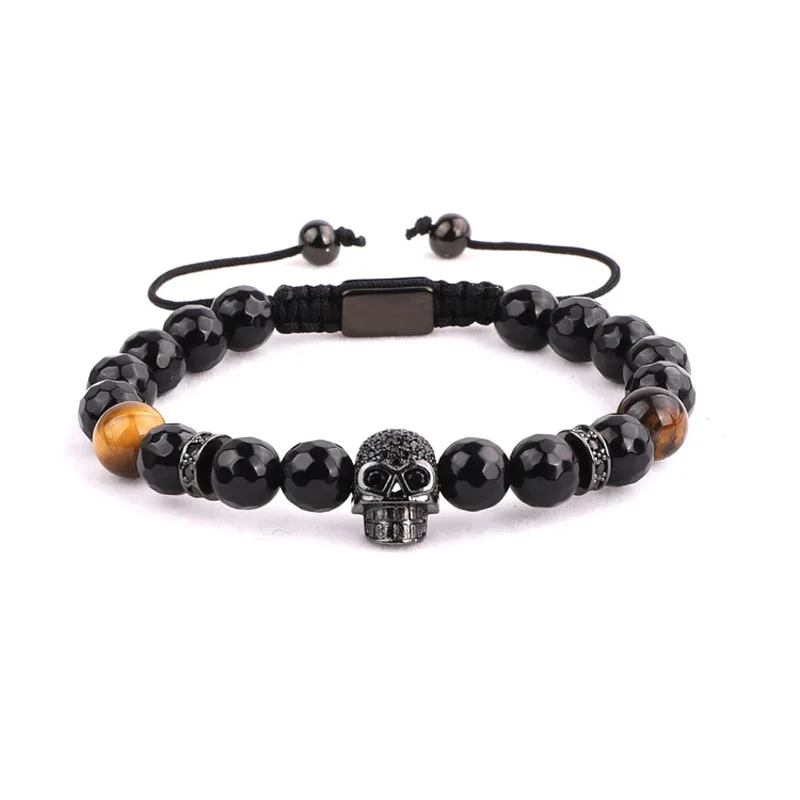 High quality natural stone faceted black onyx brown tiger eye and CZ skull beaded bracelet for men
High quality natural stone faceted black onyx brown tiger eye and CZ skull beaded bracelet for men