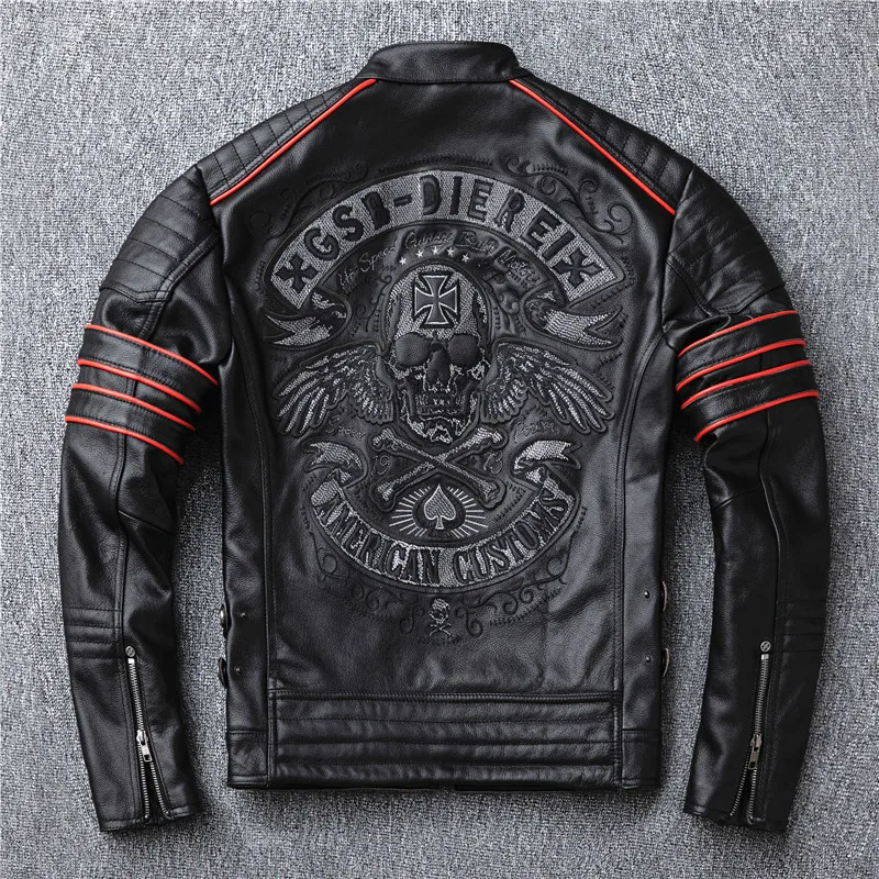 Men Jacket Black Embroidery Skull Motorcycle Leather Jackets 100% Natural Cowhide Moto Coat Slim Fit Biker Leather Winter Coats
Men Jacket Black Embroidery Skull Motorcycle Leather Jackets 100% Natural Cowhide Moto Coat Slim Fit Biker Leather Winter Coats