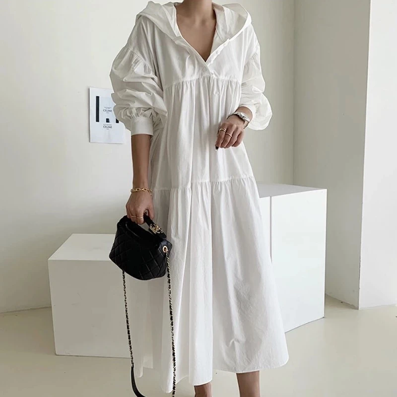 Women Minimalism Lantern Sleeve Dresses Ladies New Korean Chic Hooded Casual Runway Long Dress
Women Minimalism Lantern Sleeve Dresses Ladies New Korean Chic Hooded Casual Runway Long Dress