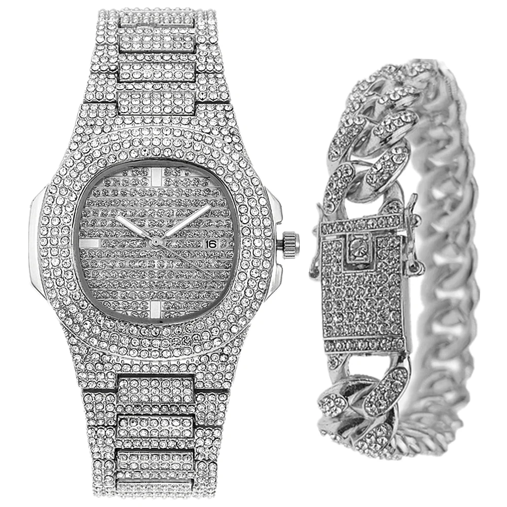 Watches for Men Women Luxury Hip Hop Iced Out Gold Watch + Bracelet Cuban Chain Rhinestone Bling Men Watch Set Gift Reloj Hombre
Watches for Men Women Luxury Hip Hop Iced Out Gold Watch + Bracelet Cuban Chain Rhinestone Bling Men Watch Set Gift Reloj Hombre
