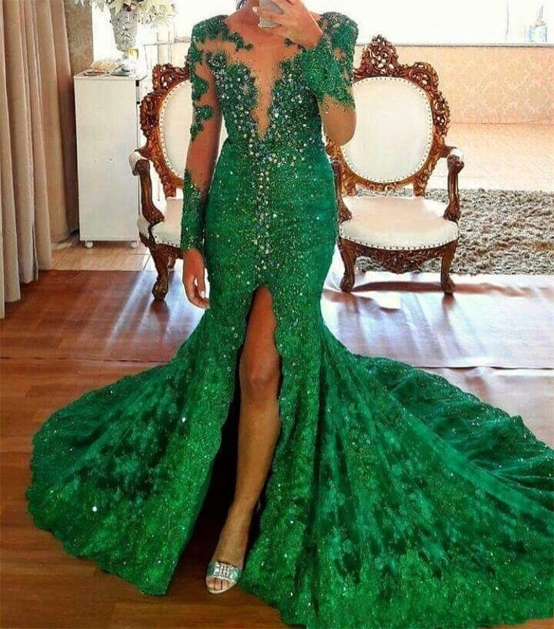 Sexy Emerald High Split Lace Evening Dresses Long Sleeves Crystal Beaded Vestido de Fiesta 2025 Lace Prom Formal Gowns 
Sexy Emerald High Split Lace Evening Dresses Long Sleeves Crystal Beaded Vestido de Fiesta 2025 Lace Prom Formal Gowns