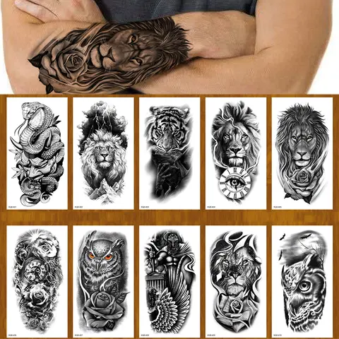 100pcs Wholesales Temporary Tattoo Sticker Lion Tiger Wolf Snake Flower Black Body Arm Fake Sleeve Waterproof Man Women