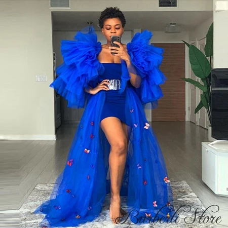 Sexy See Thru Royal Blue Tulle Long Evening Dress Ruffles Women Prom Gowns Pregnant Party Dress Tulle Tiered Puff Sleeves
Sexy See Thru Royal Blue Tulle Long Evening Dress Ruffles Women Prom Gowns Pregnant Party Dress Tulle Tiered Puff Sleeves