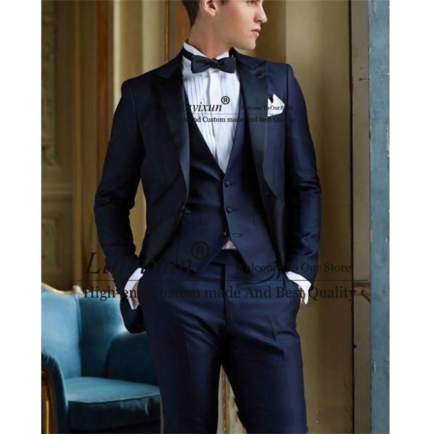 Tailor Made Men Suits Slim Fit Navy Blue Italian Groom Wedding Tuxedos 3 Pieces Jacket Vest Pants Set Business Male Blazer Suit
Tailor Made Men Suits Slim Fit Navy Blue Italian Groom Wedding Tuxedos 3 Pieces Jacket Vest Pants Set Business Male Blazer Suit