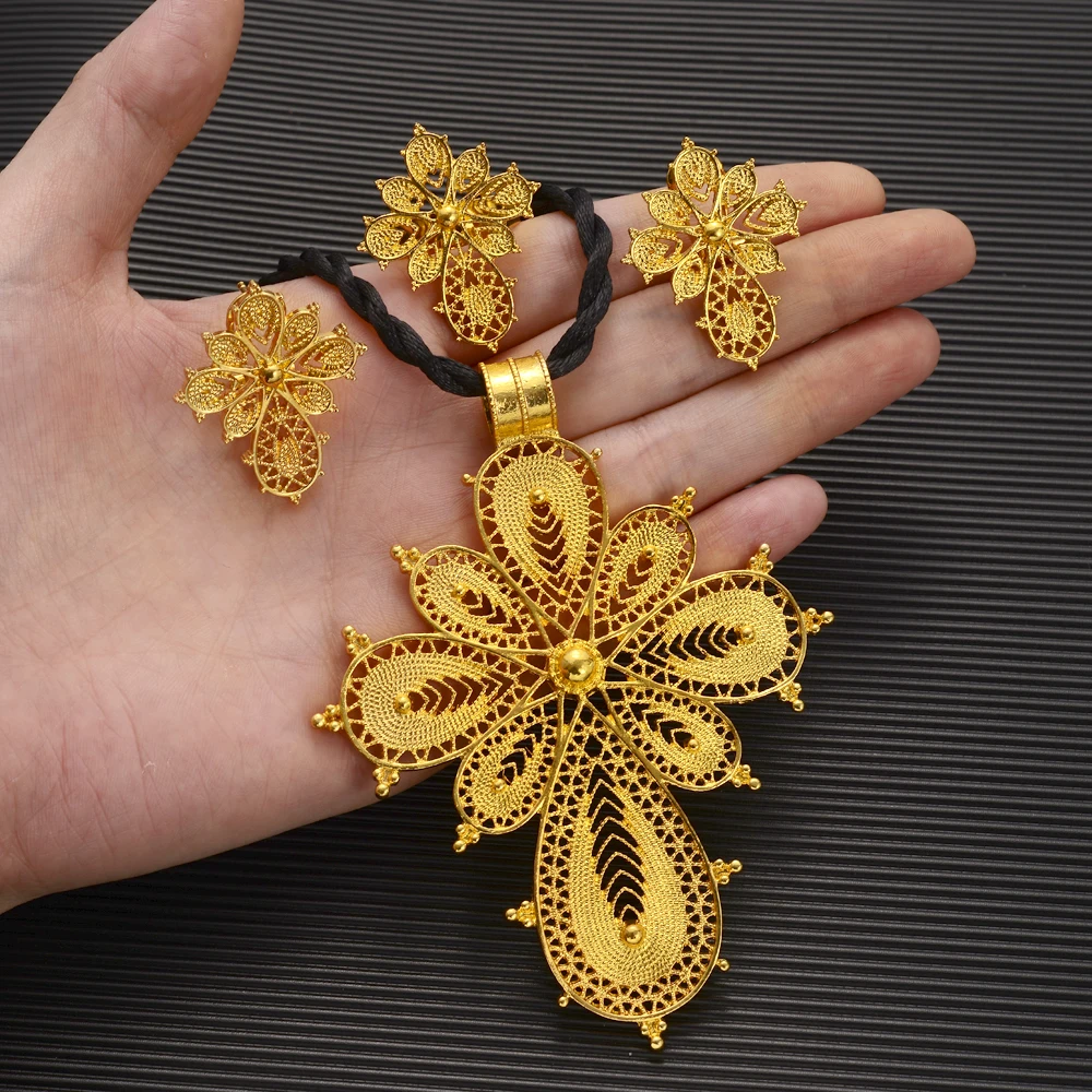 Ethiopian Gold Color Cross Jewelry Necklace Ring Earrings Golden Plated Eritrea Sets Women's Wedding Party Gift
Ethiopian Gold Color Cross Jewelry Necklace Ring Earrings Golden Plated Eritrea Sets Women's Wedding Party Gift