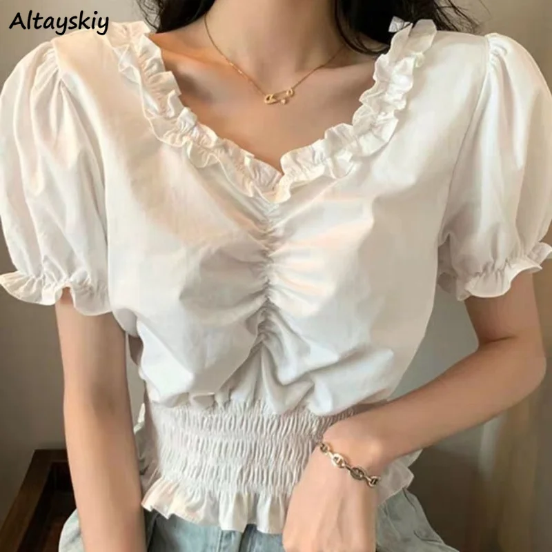 Women Blouses Solid Simple Leisure Summer Short Puff Sleeve Comfortable Slim Trendy Ulzzang Preppy Style All-match V-Neck Chic
Women Blouses Solid Simple Leisure Summer Short Puff Sleeve Comfortable Slim Trendy Ulzzang Preppy Style All-match V-Neck Chic