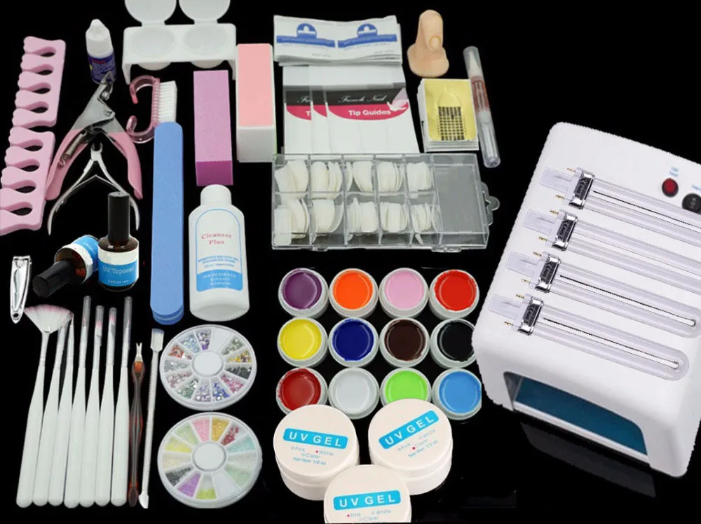 36W Lamp (Optional) 12 Color UV GEL + clear Nail brushes False Finger Cutter clearnser plus Nail Art Tool Kit Sets
36W Lamp (Optional) 12 Color UV GEL + clear Nail brushes False Finger Cutter clearnser plus Nail Art Tool Kit Sets