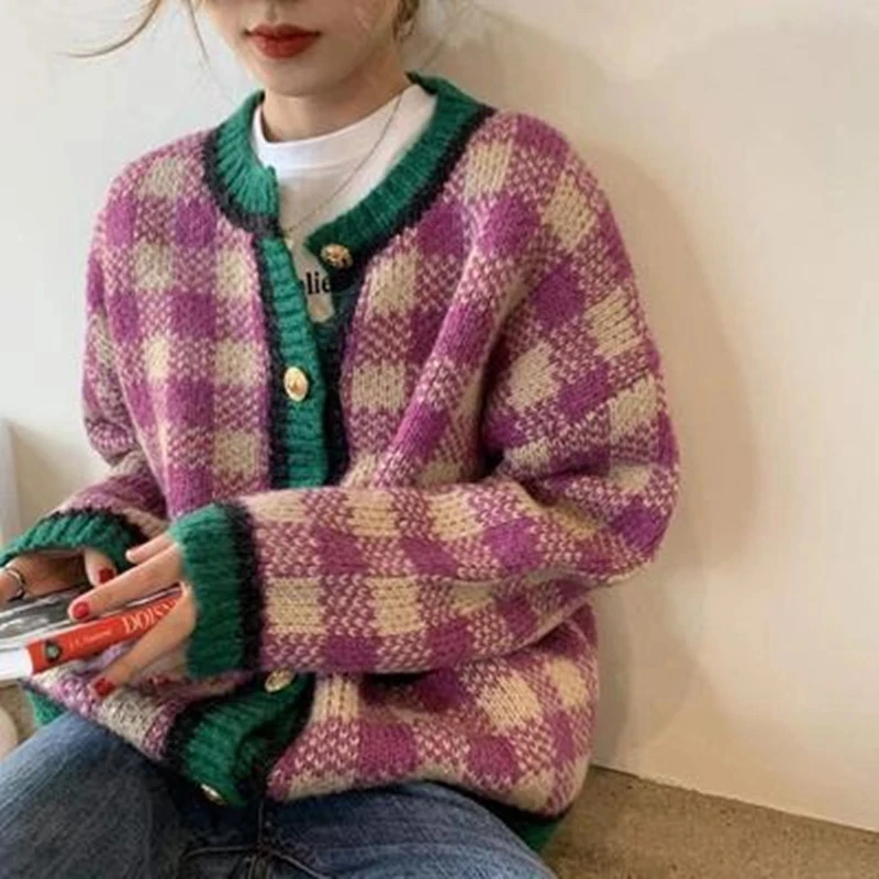Women Plaid Contrast O-Neck Knitted Sweaters Female Elegant Warm Casual All-Match Cardigans Tops
Women Plaid Contrast O-Neck Knitted Sweaters Female Elegant Warm Casual All-Match Cardigans Tops