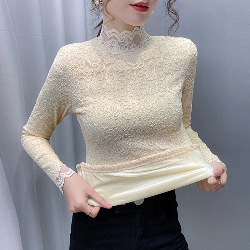 Winter Warm Lace Women Blouse Lace White Office Lady Thick Velvet Fleece Shirts Elegant Solid Slim Sexy Bottoming Shirts Tops
Winter Warm Lace Women Blouse Lace White Office Lady Thick Velvet Fleece Shirts Elegant Solid Slim Sexy Bottoming Shirts Tops