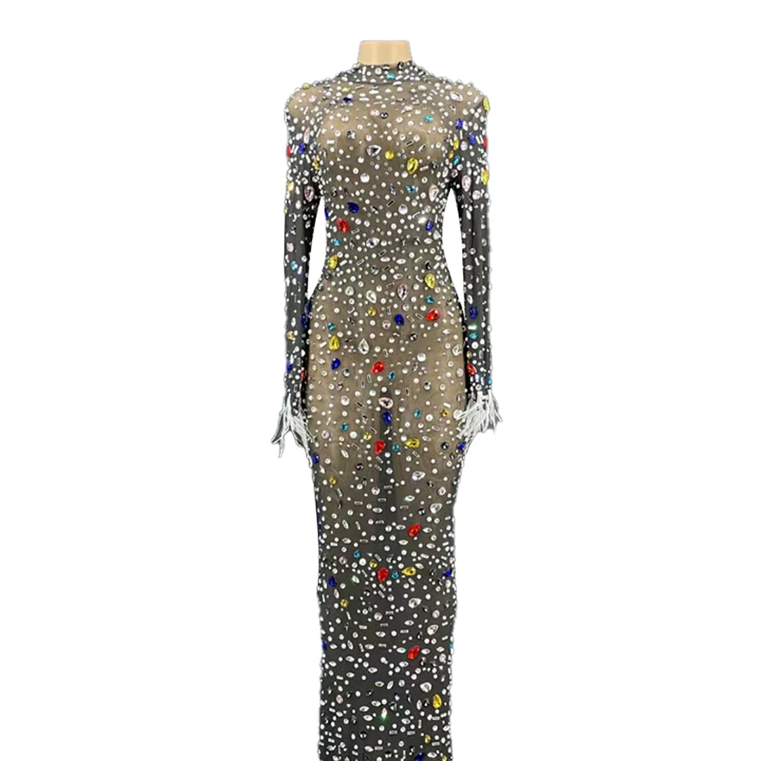 Shining Rhinestone Black Mesh Transparent Evening Long Sleeves Crystals Feather Dress Evening Birthday Celebrate Party Costumes
Shining Rhinestone Black Mesh Transparent Evening Long Sleeves Crystals Feather Dress Evening Birthday Celebrate Party Costumes