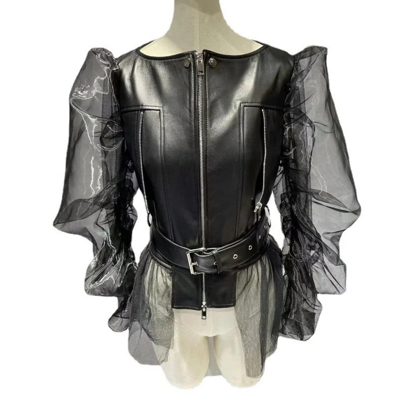 Designer Runway Women Genuine Leather Jacket Belted Slim Fit Lace Puff Sleeve Patchwork Short Coat Lady Gothic Sheepskin Jackets
Designer Runway Women Genuine Leather Jacket Belted Slim Fit Lace Puff Sleeve Patchwork Short Coat Lady Gothic Sheepskin Jackets